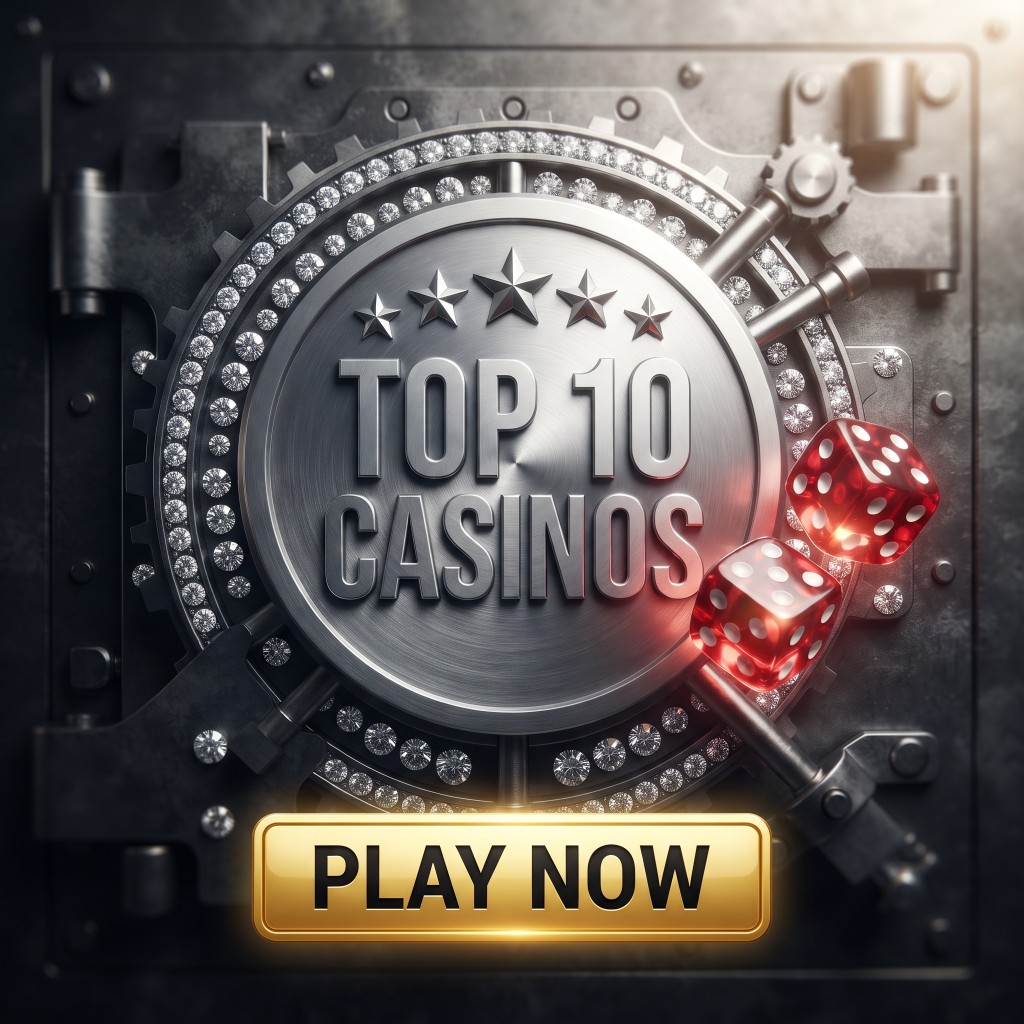 Top 10 casinos promotional graphic with a metallic vault medallion, diamonds and a Play Now button